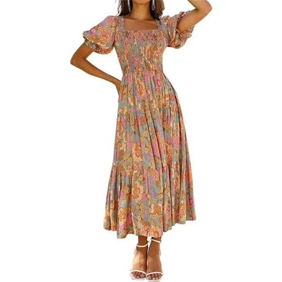 Women's Summer Boho Floral Square Neck Ruffle Maxi Dress Beach Casual